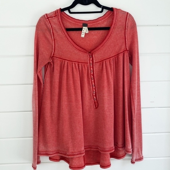 Free People Tops - Free People | Salmon Pink Henley Top Waffle Knit Material Comfortable Cozy Soft